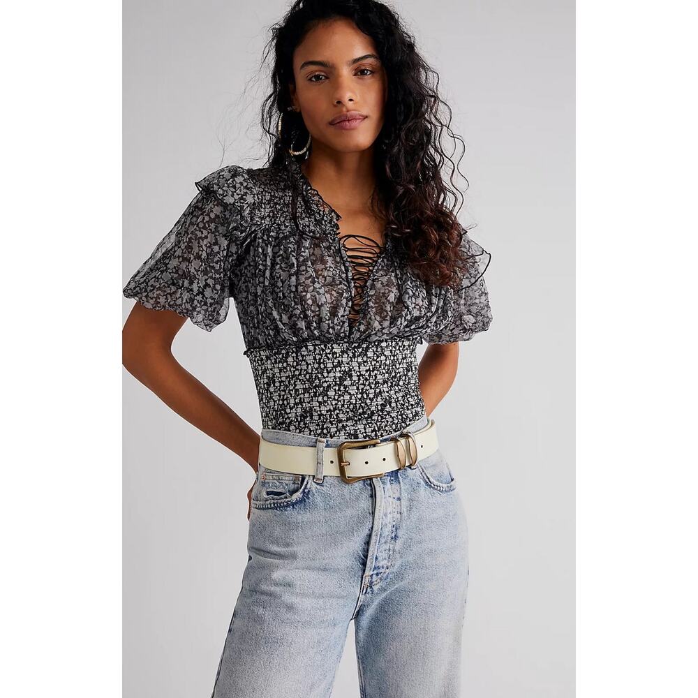 Free People Beatrice Black Smocked Floral Top With Flouncy Sleeves XS